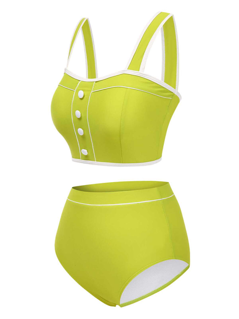 Green 1930s Strap High Waist Button Swimsuit: 1930s Riviera elegance, reimagined for her