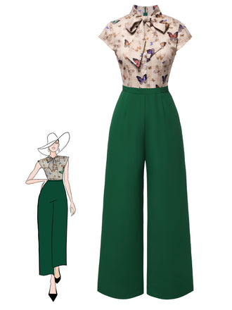 She finds her 1930s story in this Green 1930s Tie Neck Plaids Butterflies Jumpsuit