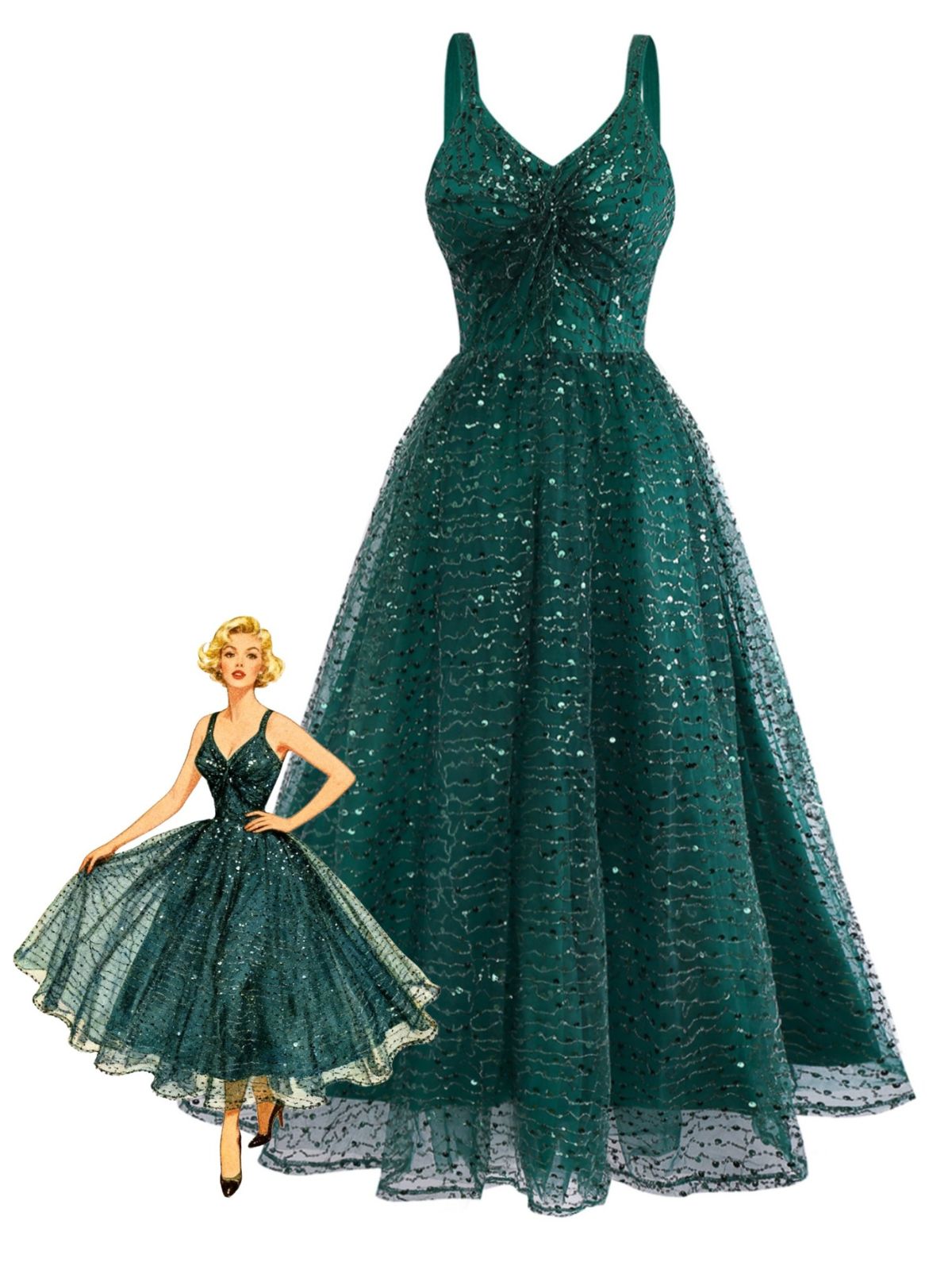 A-Line Emerald Green Glitter Vintage Cocktail Party Dress | Women's Sweetheart Tulle Midi Dress