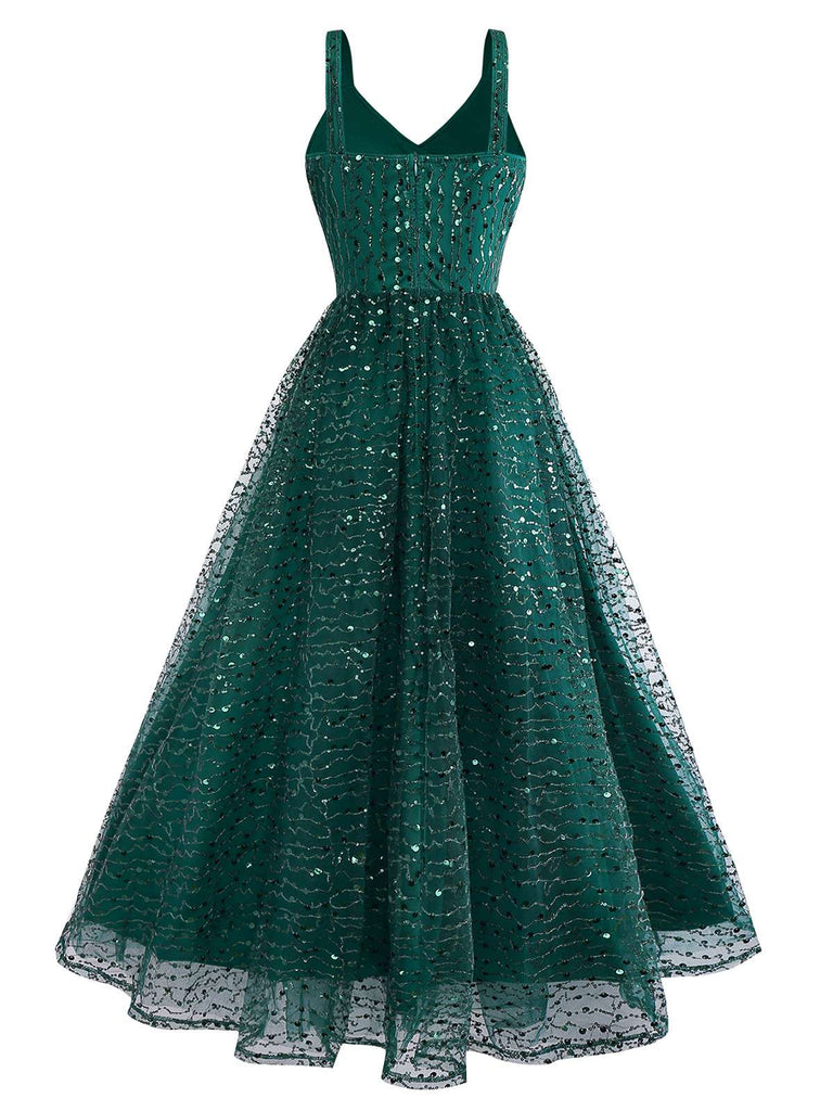 Emerald Green Sequin V-Neck A-Line Cocktail Dress 2026 with Sparkling Tulle Overlay and Tea-Length Hem