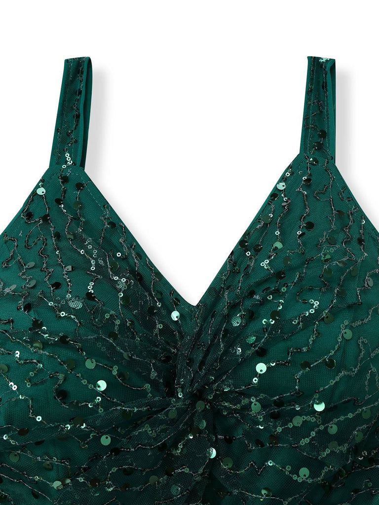 mesh dress sequin A-Line Cocktail Dress Emerald Green Sequin V-Neck Dress 2026 With Sparkling Tulle Overlay and Tea-Length Hem