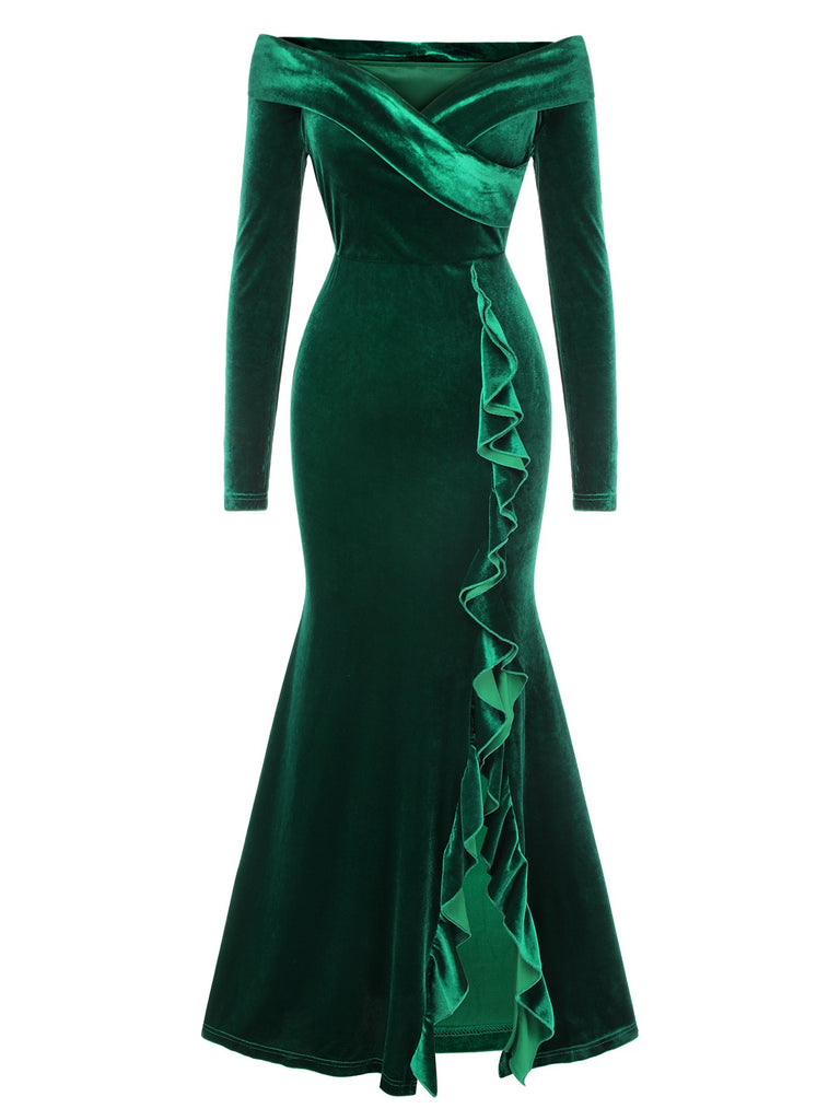 Green 1930s Velvet Off-Shoulder Ruffle-Trim Mermaid Dress | Retro Stage Green 1930s Velvet Off-Shoulder Ruffle-Trim Mermaid Dress | Retro Stage