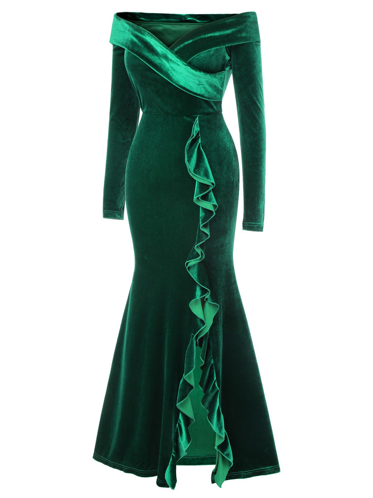 Green 1930s Velvet Off-Shoulder Ruffle-Trim Mermaid Dress | Retro Stage Green 1930s Velvet Off-Shoulder Ruffle-Trim Mermaid Dress | Retro Stage