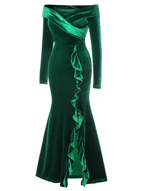 emerald green velvet off the shoulder dress 1930s Off-Shoulder Ruffle-Trim Mermaid little mermaid princess costume Size:7 US / 39 EU Color tones may also Letting the *FIRST LETTER*