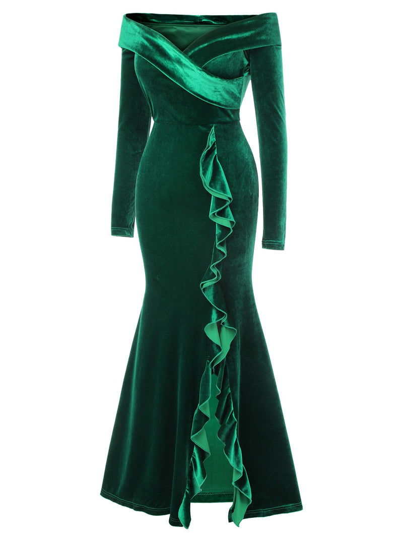 Emerald Green Velvet Maxi Dress Off Shoulder Ruffles High-Slit Cocktail Prom Dresses