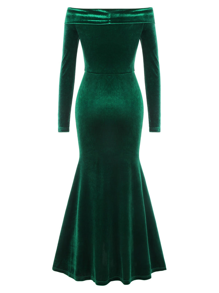 Green 1930s Velvet Off-Shoulder Ruffle-Trim Mermaid Dress