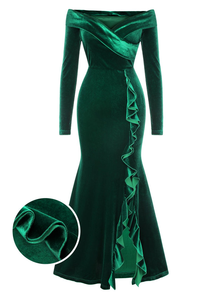 slim fit dress slacks Green 1930s Velvet Off-Shoulder Ruffle-Trim Mermaid Dress