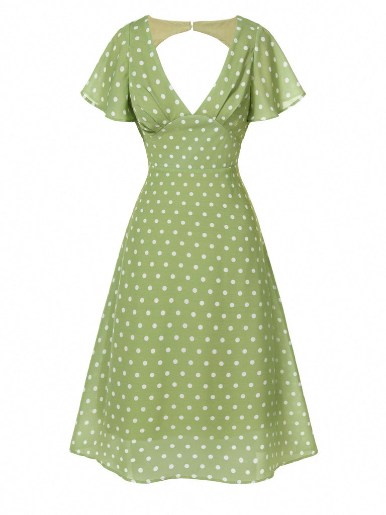 Green 1940s Back Hollow-Out Polka Dots Dress | Retro Stage Green 1940s Back Hollow-Out Polka Dots Dress | Retro Stage