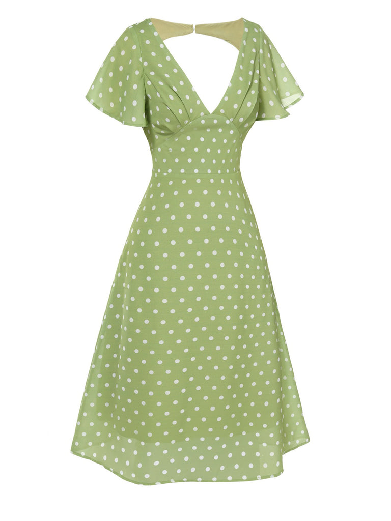 Green 1940s Back Hollow-Out Polka Dots Dress | Retro Stage Green 1940s Back Hollow-Out Polka Dots Dress | Retro Stage
