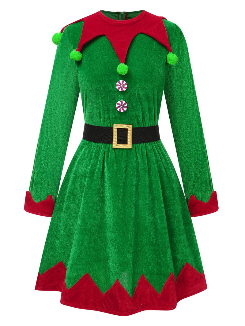 Women's Elf Costume Set Velvet Dress Christmas Santa's Helper Costume