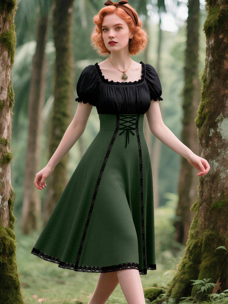 Vintage Scoop Neck Puff Sleeve Colorblock Lace-Up Midi Dress Green Vintage Scoop Neck Puff Sleeve Colorblock Lace-Up Midi Dress Green