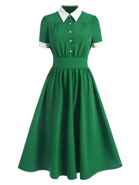 Green 1940s Contrast Shirt Collar Dress