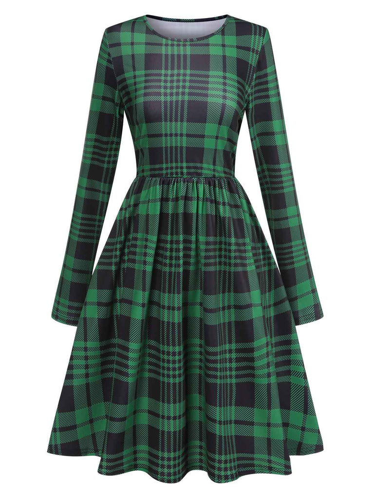 Green 1940s Crew Neck Tartan Dress, vintage dress, retro fashion - perfect for women who love vintage and retro fashion