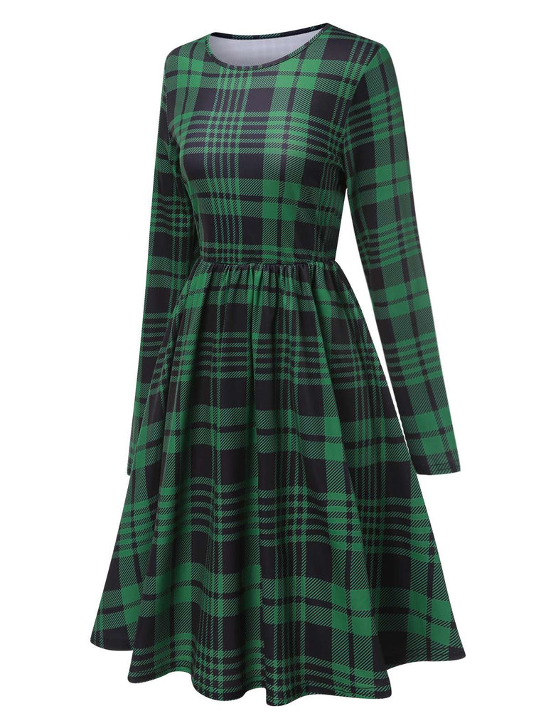 Green 1940s Crew Neck Tartan Dress, vintage dress, retro fashion - perfect for women who love vintage and retro fashion