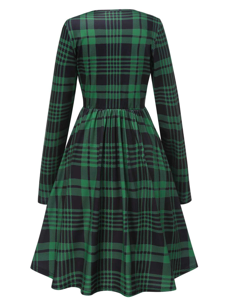 Green 1940s Crew Neck Tartan Dress, vintage dress, retro fashion - perfect for women who love vintage and retro fashion