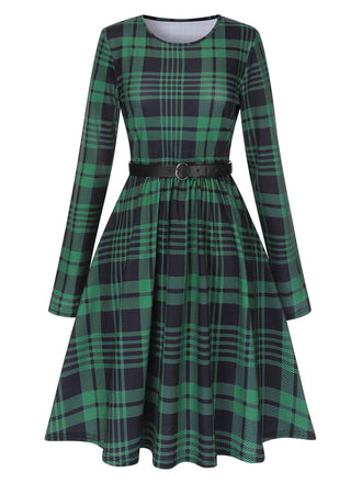 Green 1940s Crew Neck Tartan Dress With Belt, vintage dress, retro fashion - perfect for women who love vintage and retro fashion