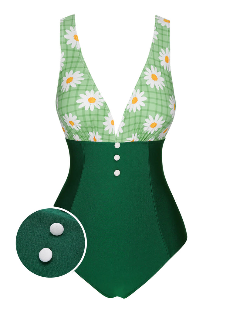 Green 1940s Daisy Patchwork One-Piece Swimsuit, vintage swimsuit, pin-up swimwear - perfect for women who love vintage and retro fashion