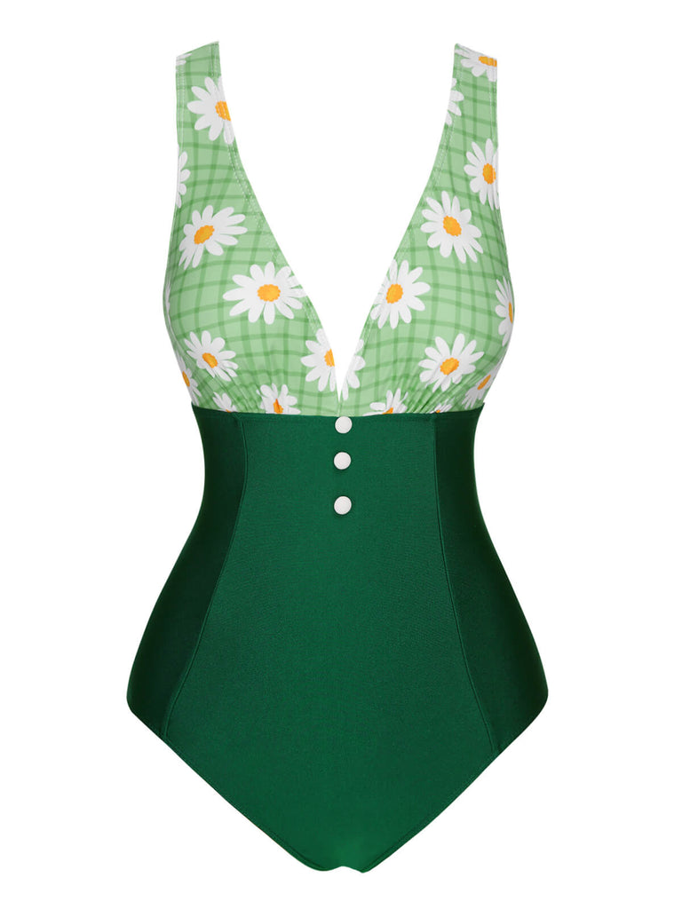 Green 1940s Daisy Patchwork One-Piece Swimsuit, vintage swimsuit, pin-up swimwear - perfect for women who love vintage and retro fashion