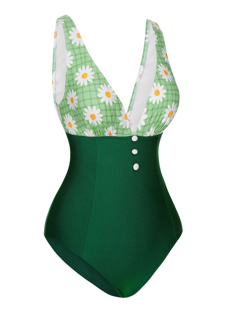 Green 1940s Daisy Patchwork One-Piece Swimsuit, vintage swimsuit, pin-up swimwear - perfect for women who love vintage and retro fashion