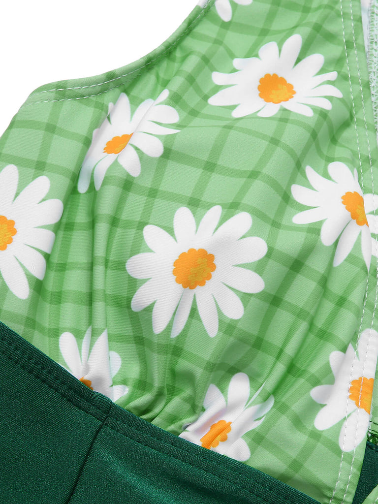 Green 1940s Daisy Patchwork One-Piece Swimsuit, vintage swimsuit, pin-up swimwear - perfect for women who love vintage and retro fashion