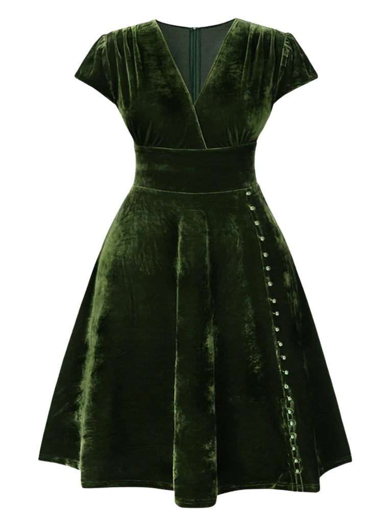 Green 1940s Deep V-Neck Pearl Velvet Dress - vintage dress, retro fashion