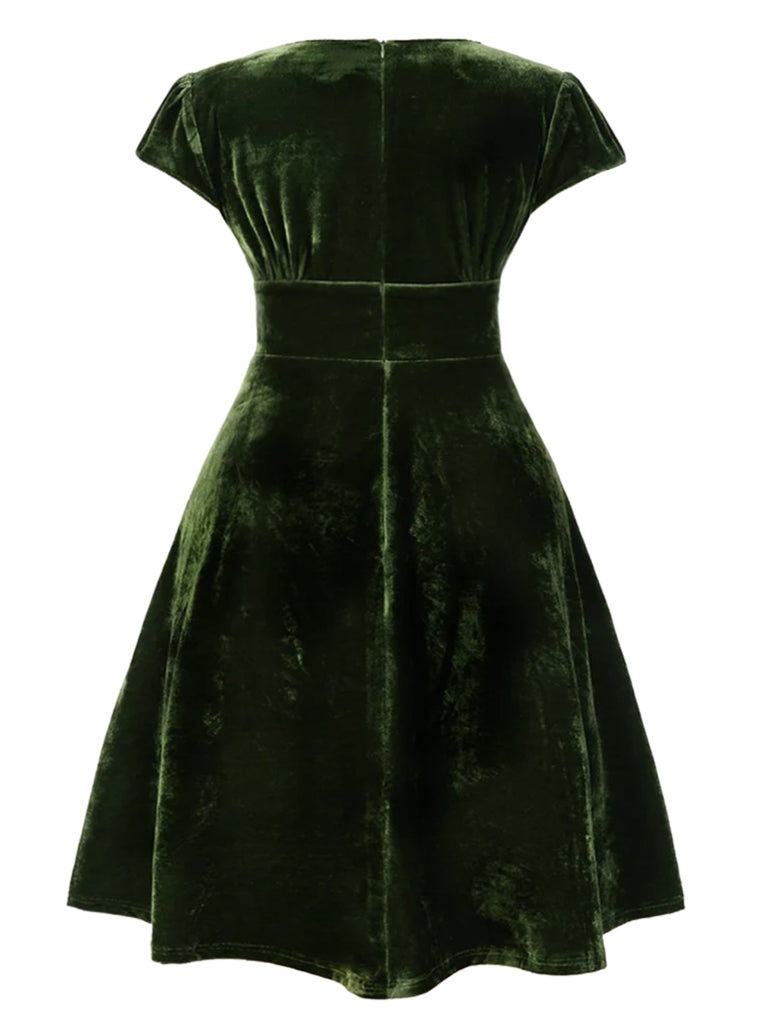 Green 1940s Deep V-Neck Pearl Velvet Dress - vintage dress, retro fashion