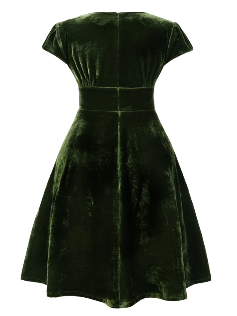 ヘッドドレスNo.179 Plus Size] Green 1940s Deep V-Neck Pearl Velvet Dress | Retro Stage