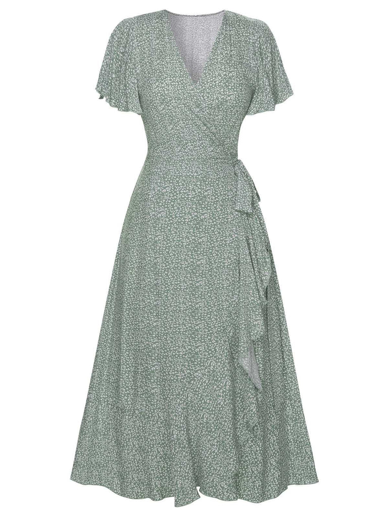 Green 1940s Ditsy Floral Flounce Sleeve Dress Green 1940s Ditsy Floral Flounce Sleeve Dress