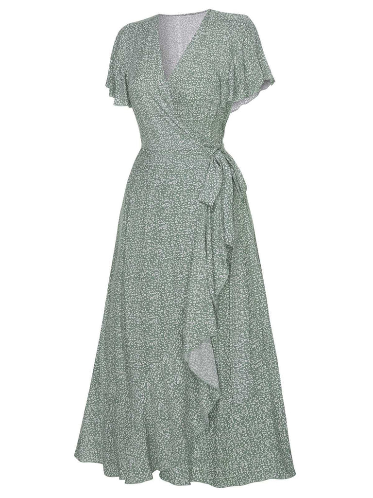 floral wrap dress green Green 1940s Ditsy Floral Flounce Sleeve Dress