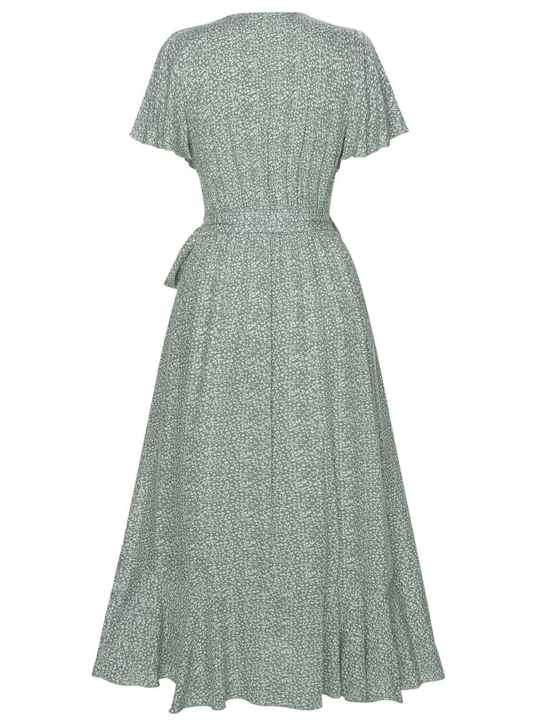 slim fit dress slacks Green 1940s Ditsy Floral Flounce Sleeve Dress