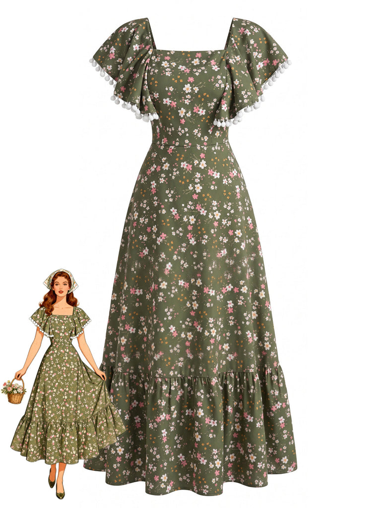 green floral square neck dress Green Floral Short Sleeve Square Neck Elastic Waist Midi Dress