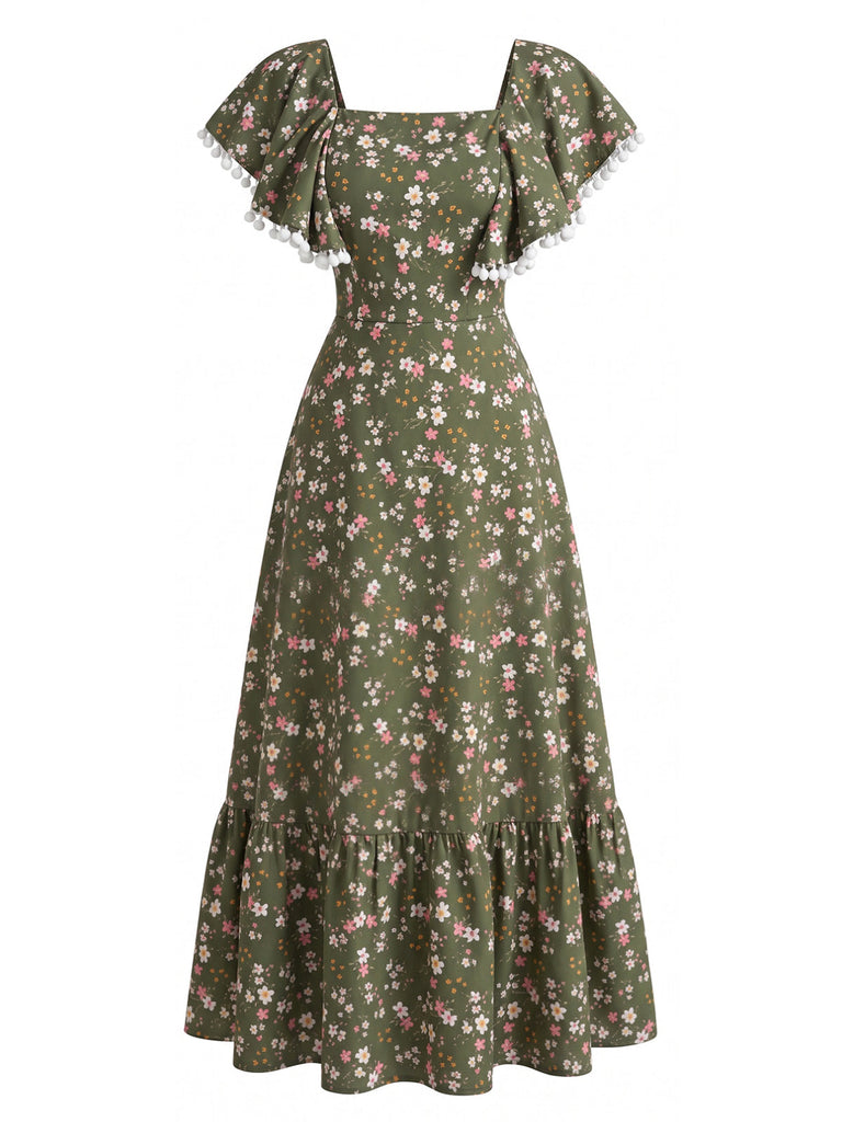 Green 1940s Floral Square Neck Swing Dress 3