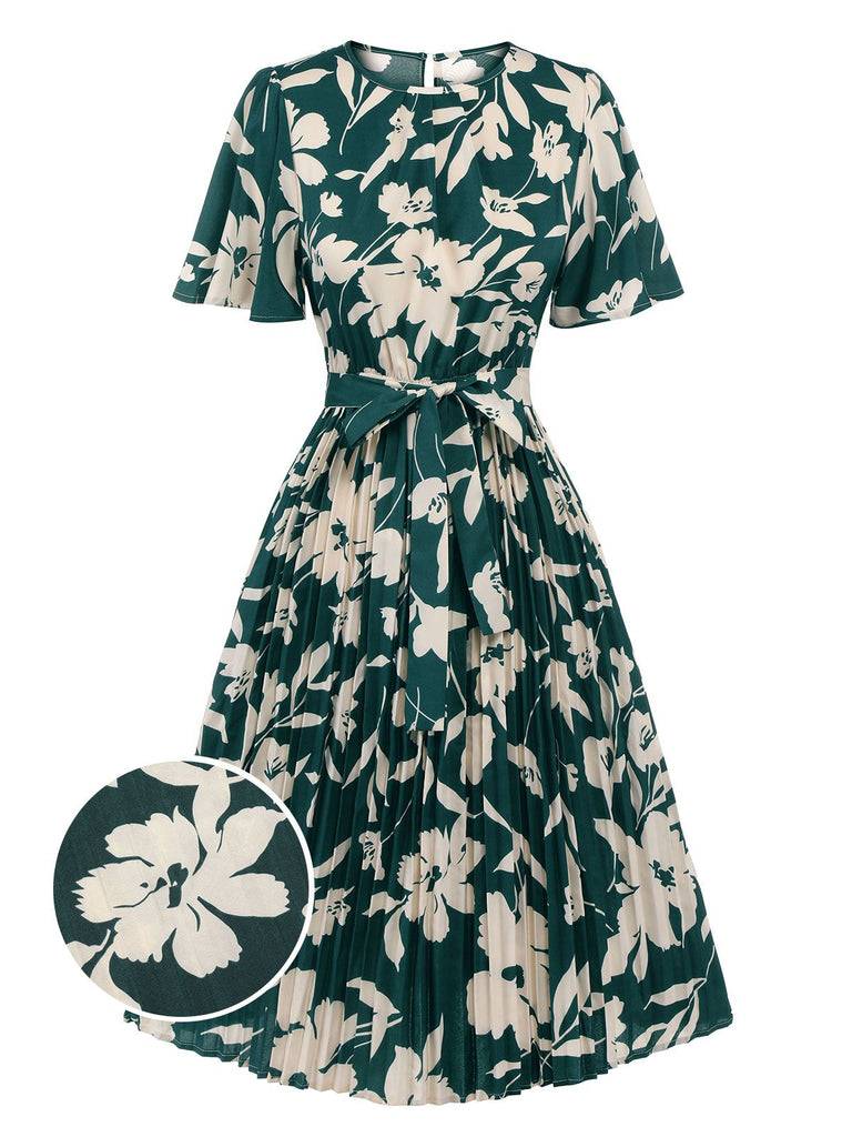 Green 1940s Floral Pleated Belt Dress, vintage dress, retro fashion, floral print - perfect for women who love vintage and retro fashion