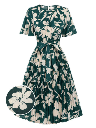 Green 1940s Floral Pleated Belt Dress, vintage dress, retro fashion, floral print - perfect for women who love vintage and retro fashion