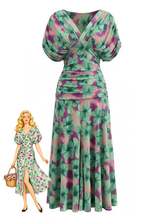 Green-1940s-Floral-V-Neck-Smocked-Waist-Dress, vintage, retro, dress