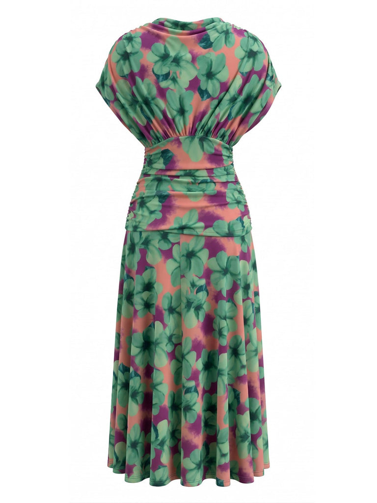 Green-1940s-Floral-V-Neck-Smocked-Waist-Dress, vintage, retro, dress