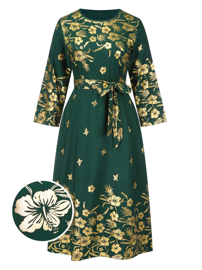 She slips into this Green 1940s Gilded Floral Belted Dress and suddenly it's a 1940s daydream