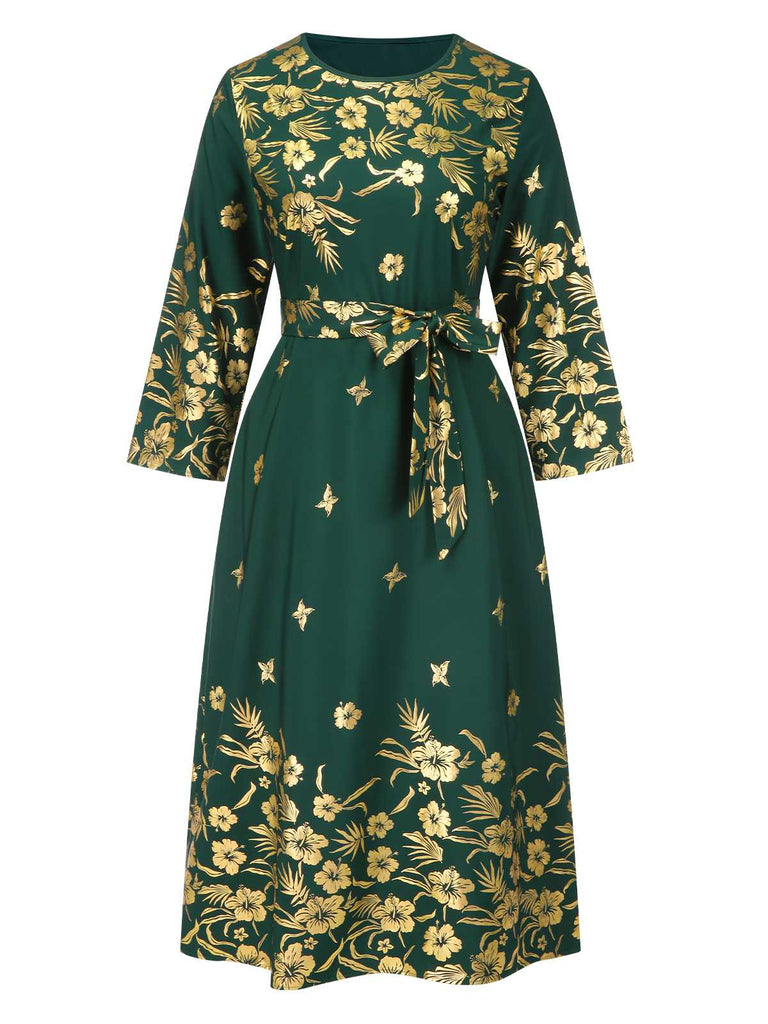 Green 1940s Gilded Floral Belted Dress: where 1940s romance meets her modern spirit