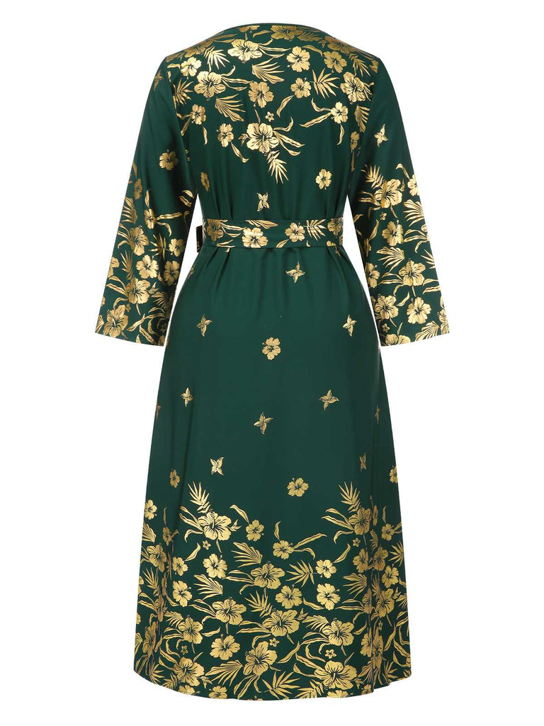 This Green 1940s Gilded Floral Belted Dress wraps her in 1940s elegance, one twirl at a time