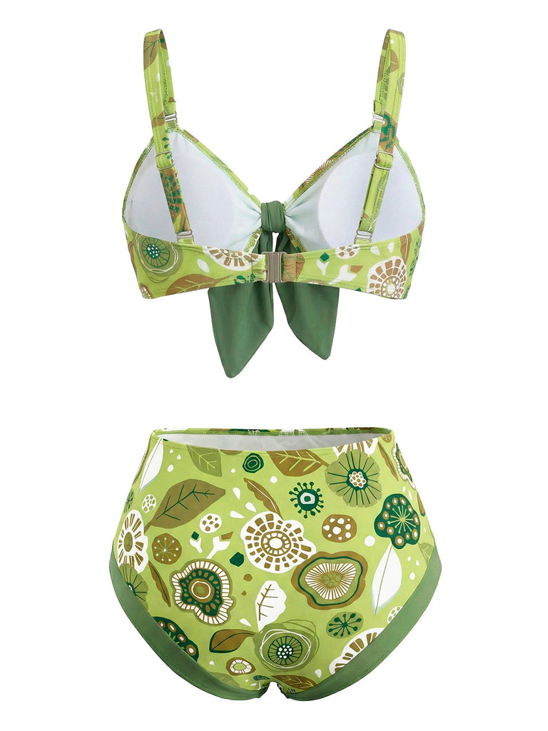 Green and white patterned bikini set on a white background