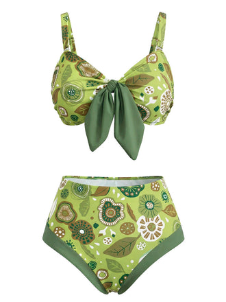 Green patterned bikini set on a white background