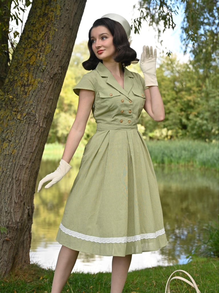 Green 1940s Lace Plaid Cotton Patchwork Dress | Retro Stage