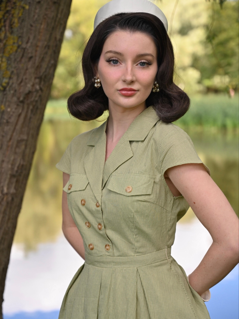 Green 1940s Lace Plaid Cotton Patchwork Dress | Retro Stage