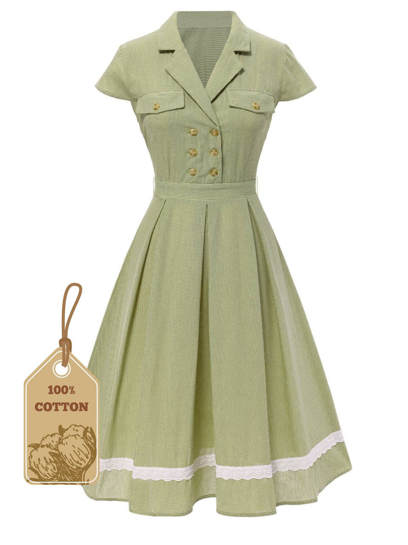 open lace back dress Retro Stage Gingham Plaid Lapel Button Lace Swing Shirtwaist Dress | 100% Cotton