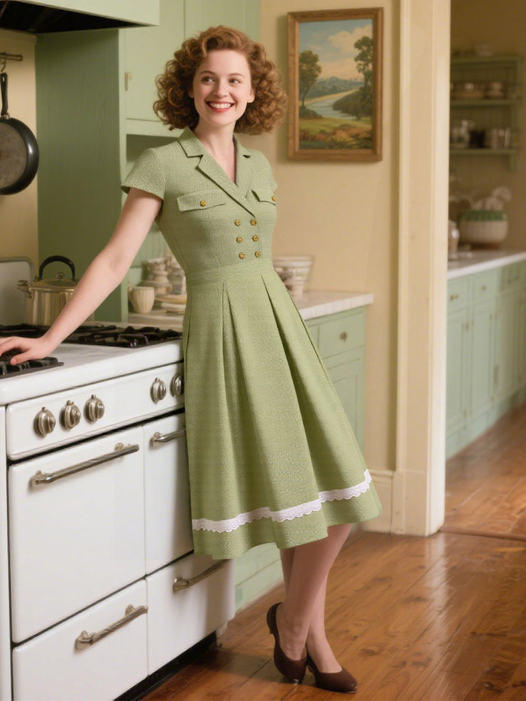 Retro Stage Gingham Plaid Lapel Button Lace Swing Shirtwaist Dress | 100% Cotton | Green Retro Stage Gingham Plaid Lapel Button Lace Swing Shirtwaist Dress | 100% Cotton | Green