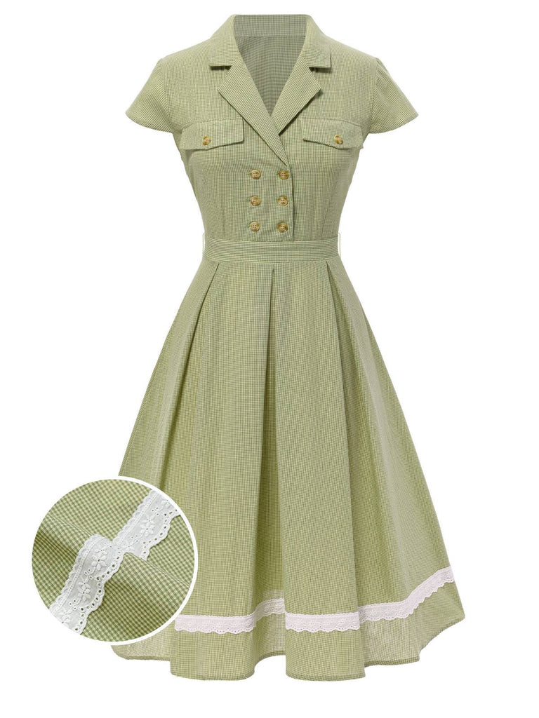 This Green 1940s Lace Plaid Cotton Patchwork Dress wraps her in 1940s elegance, one twirl at a time
