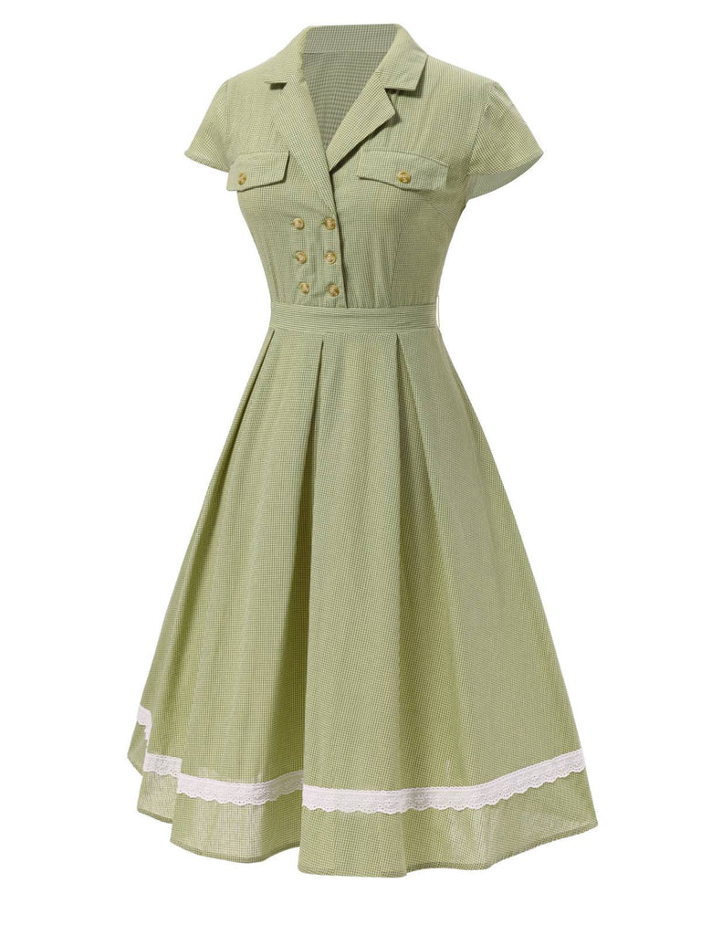 Green 1940s Lace Plaid Cotton Patchwork Dress | Retro Stage Green 1940s Lace Plaid Cotton Patchwork Dress | Retro Stage