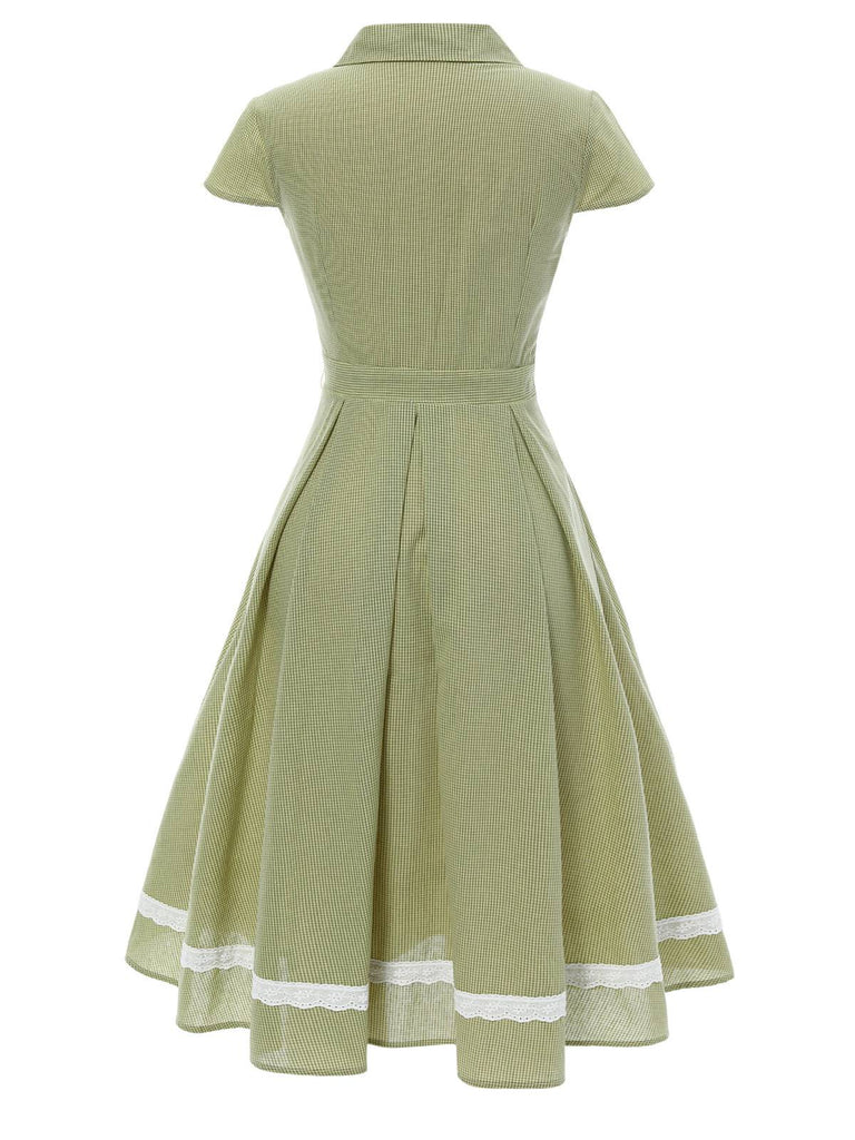 She slips into this Green 1940s Lace Plaid Cotton Patchwork Dress and suddenly it's a 1940s daydream
