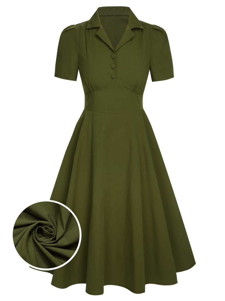 Retro Stage Vintage Olive Green Solid Lapel Short Sleeve High Waist Button A-line Midi Dress Retro Stage Vintage Olive Green Solid Lapel Short Sleeve High Waist Button A-line Midi Dress
