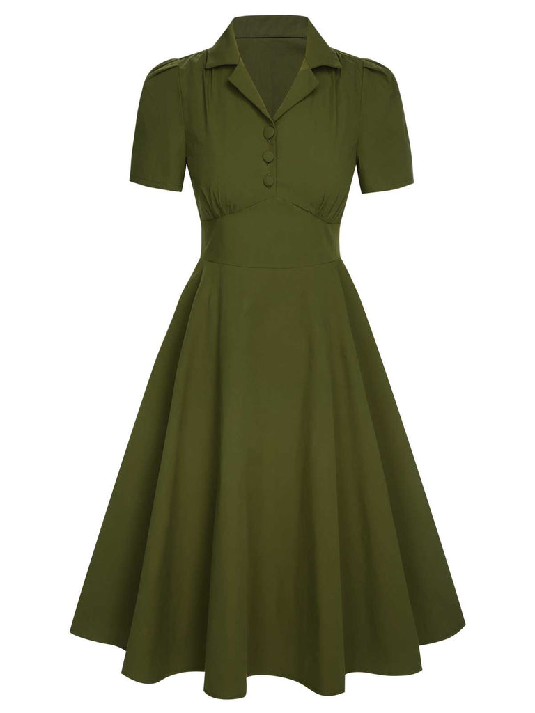 Retro Stage Vintage Olive Green Solid Lapel Short Sleeve High Waist Button A-line Midi Dress Retro Stage Vintage Olive Green Solid Lapel Short Sleeve High Waist Button A-line Midi Dress